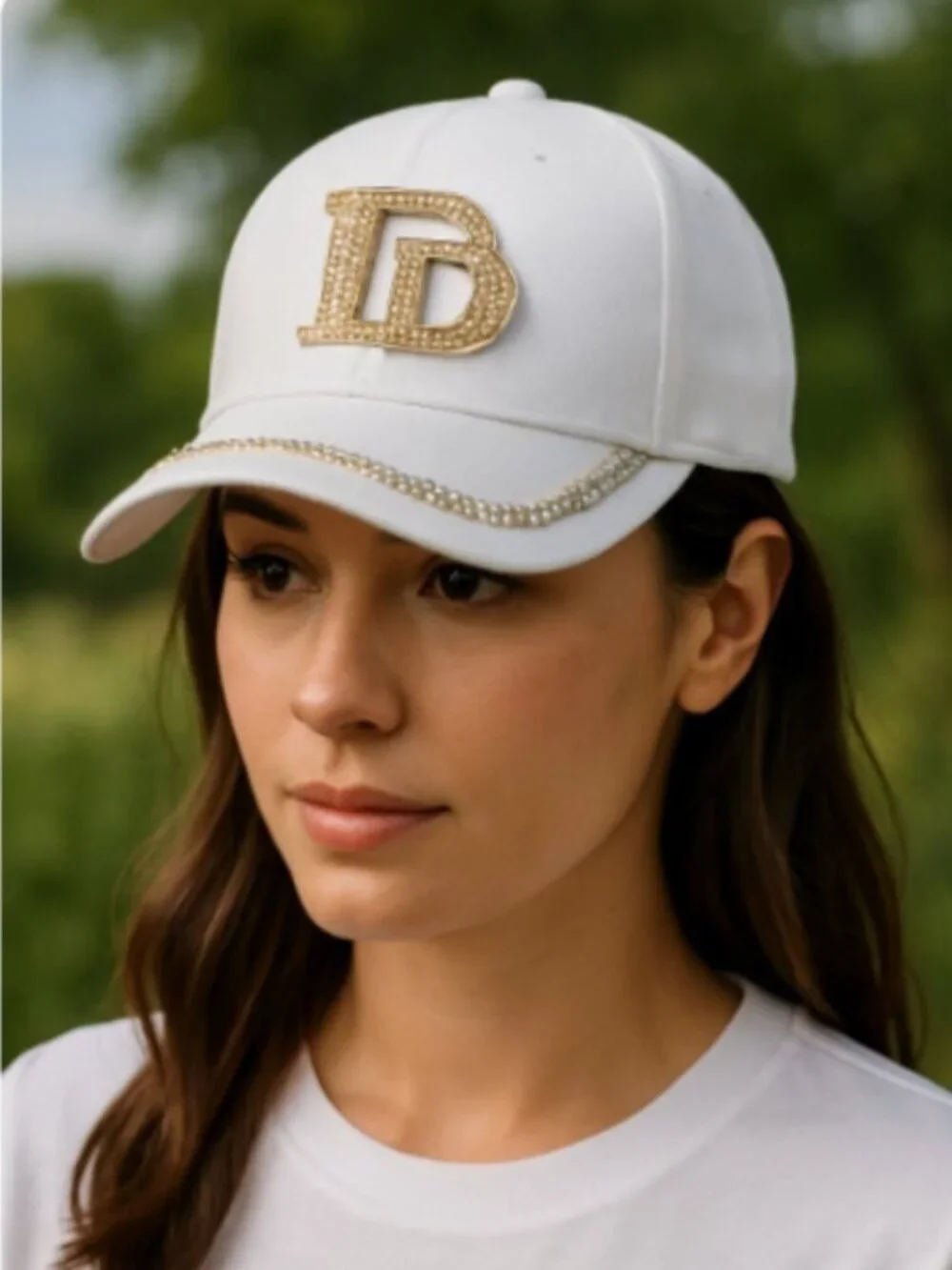 White Rhinestone Letter Logo Baseball Cap Gold Crystal Bling Adjustable Hat